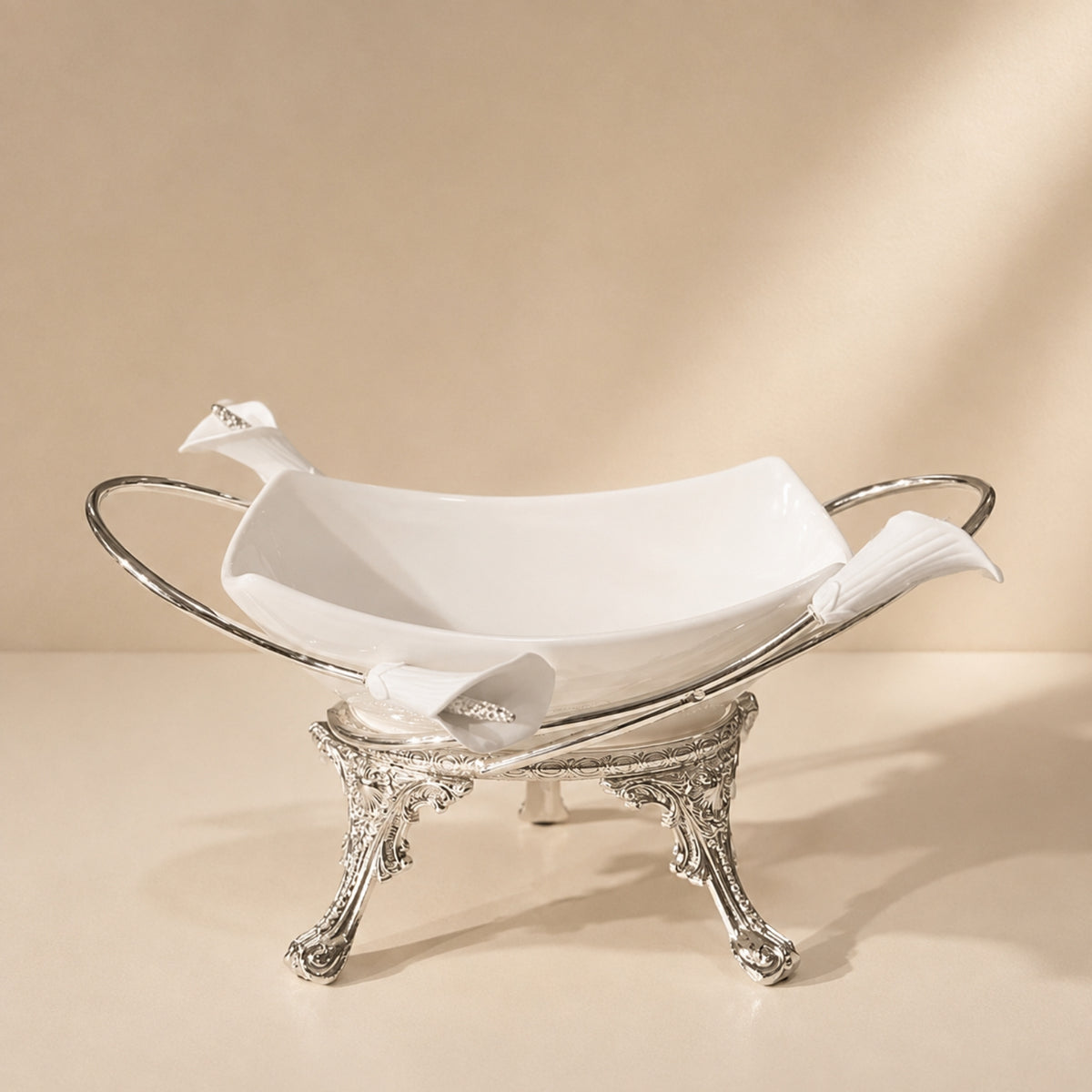 Silver Calla Lily 8-Inch Rectangular Serving Bowl with Decorative Stand