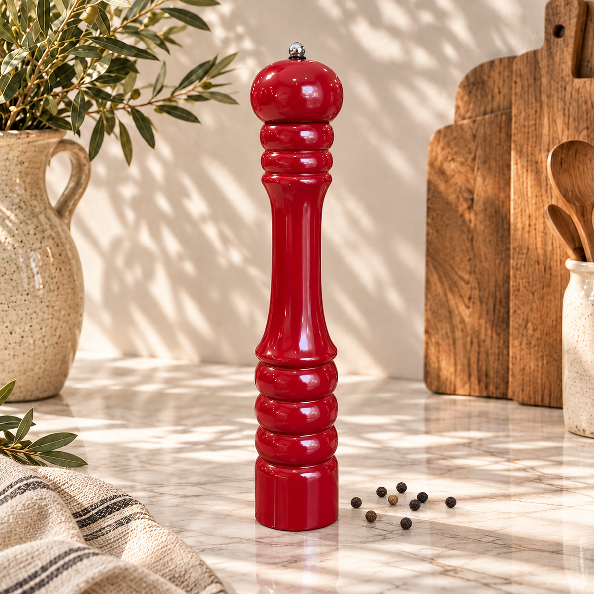 Classic 30cm glossy red pepper grinder with elegant curved design and silver-tone adjustment knob, perfect for kitchen and dining