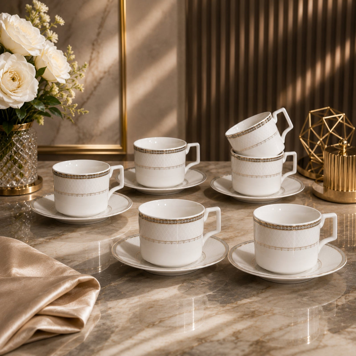 Luxury Tea Cup & Saucer Set (6 Cups + 6 Saucers) – 220ml | ROS ROSA VA1034-220