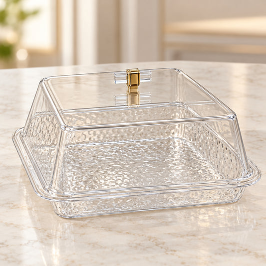 Premium Deep Serving Tray with Clear Cover & Gold Accent Handle – CD-7054