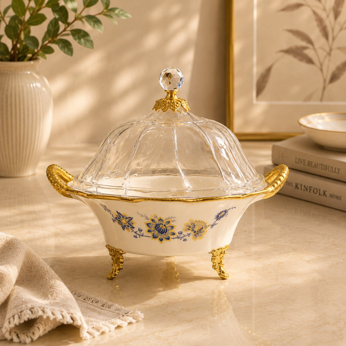 Luxury Porcelain Covered Fruit Bowl with Glass Dome 28cm | BRKH-65-11