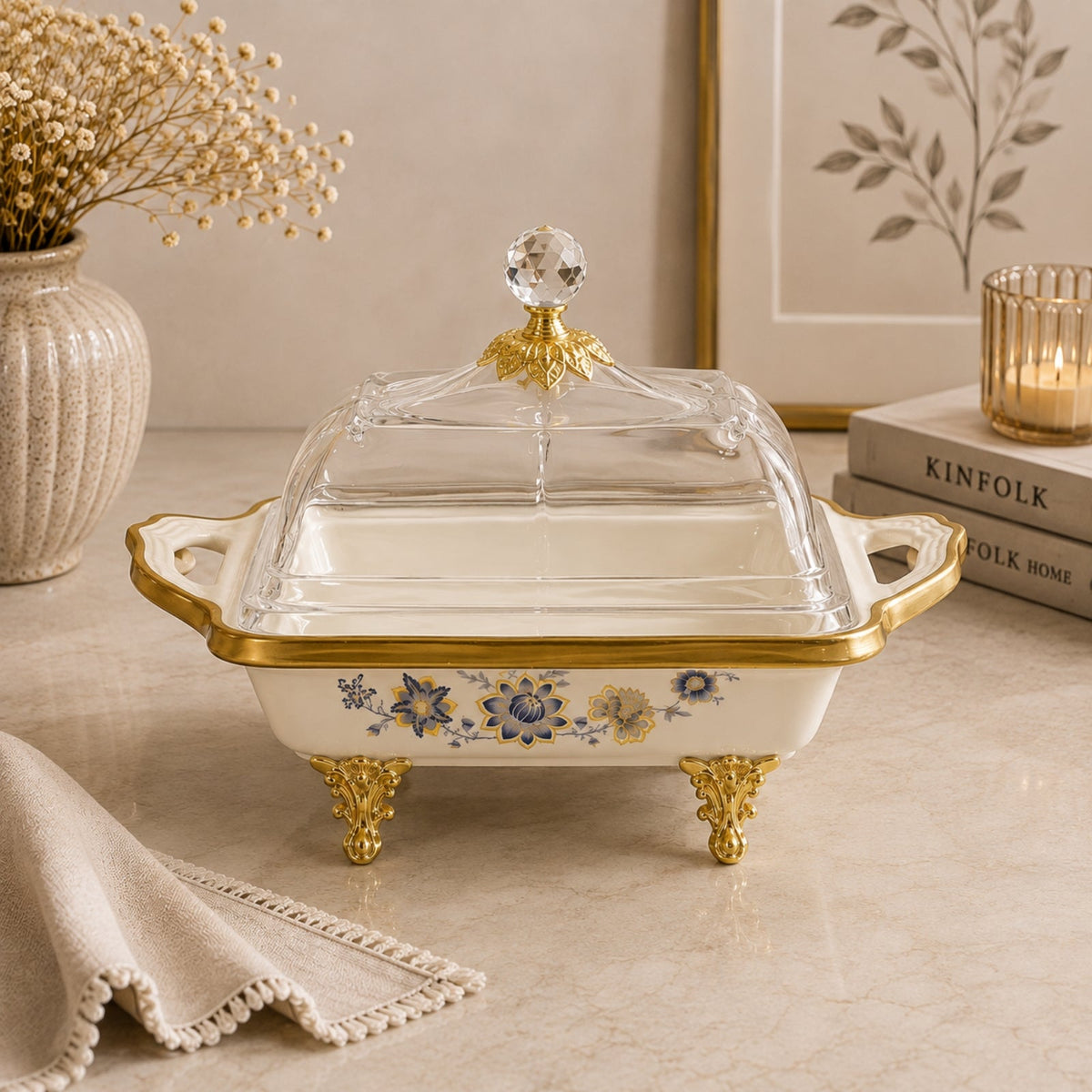 Luxury Porcelain Covered Serving Dish with Glass Dome 26cm | BRKH-65-3