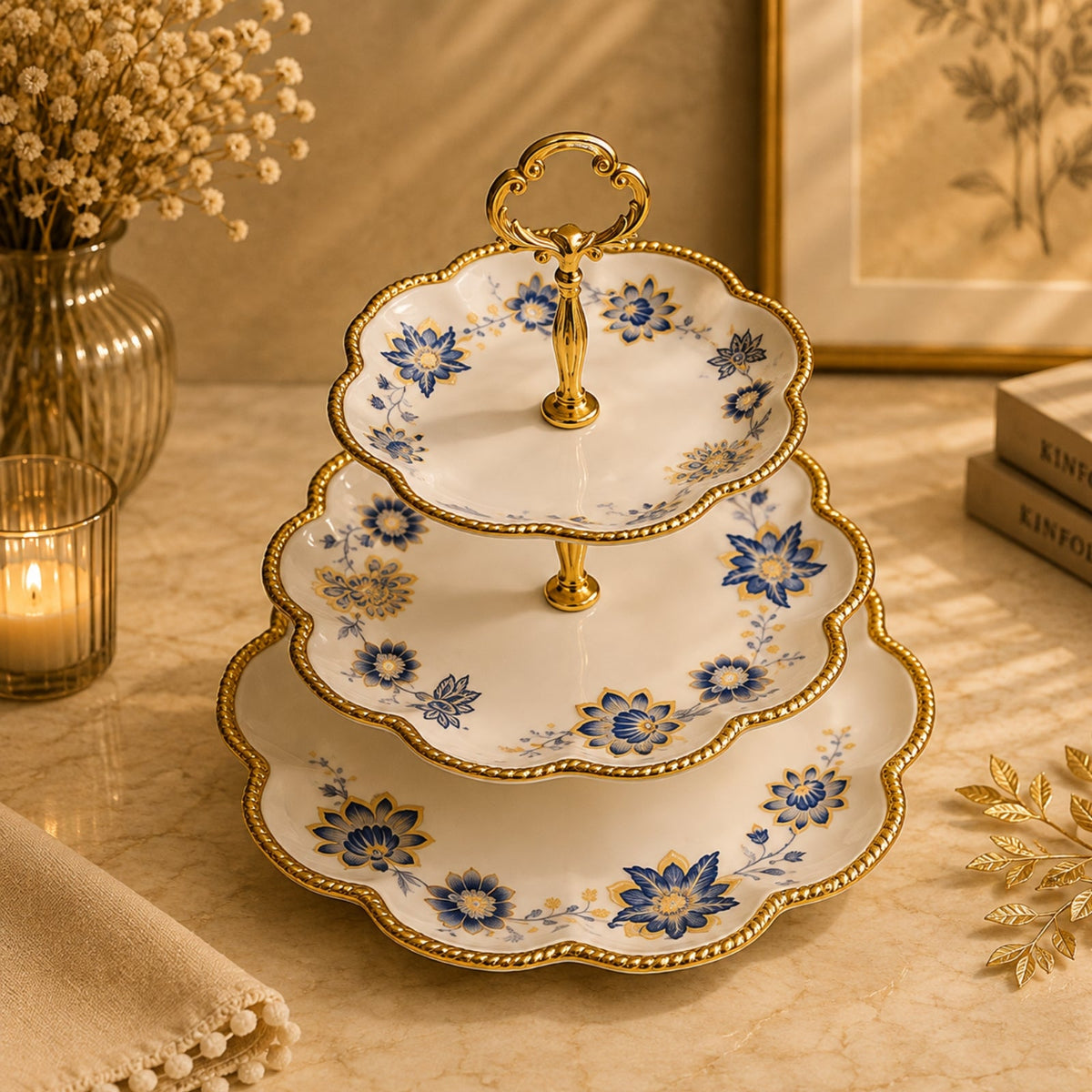 Luxury 3-Tier Porcelain Sweet Serving Plate | BRKH-66-18 – Blue & Gold
