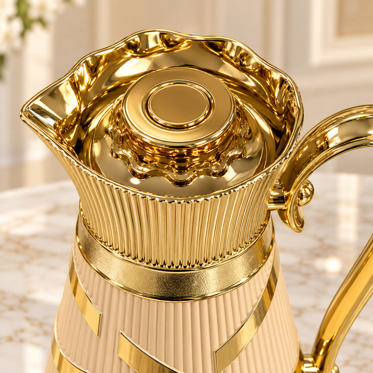 Najib luxury beige and gold 2-piece vacuum flask set featuring ribbed beige bodies, decorative gold lids and curved handles in 1L and 0.7L capacities