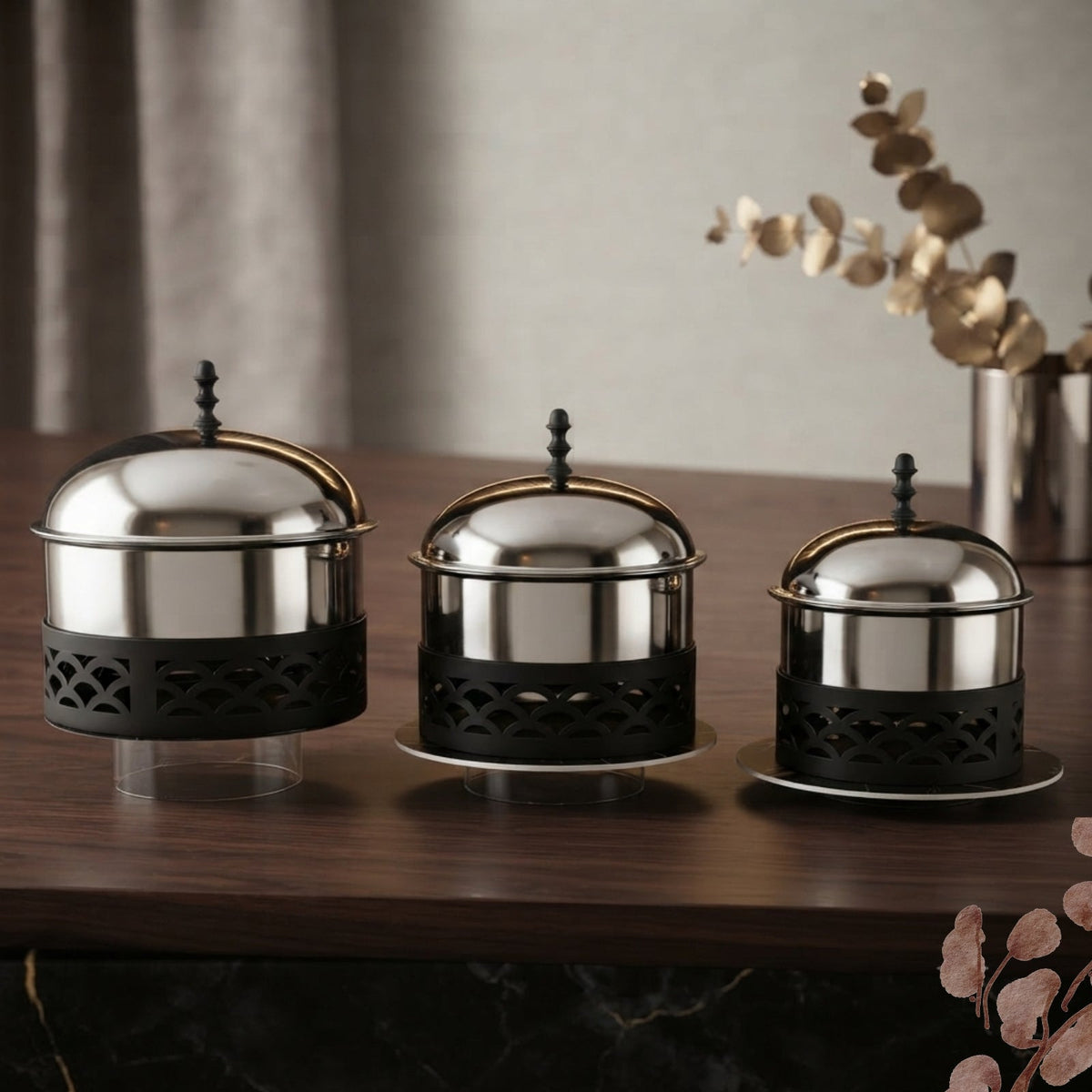 Silver & Matte Black Round Buffet Serving Dish