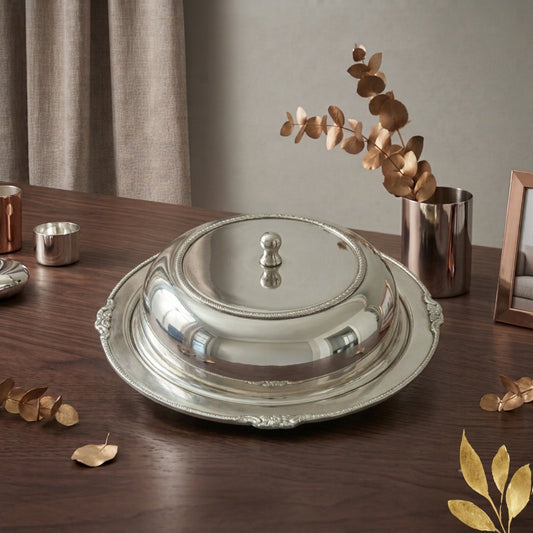 Stainless Steel Round Silver Serving Pot with Lid – Silver finish