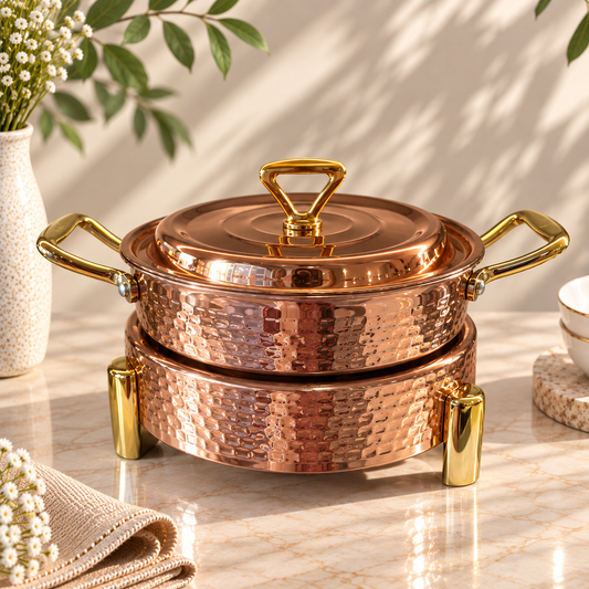 Luxury Hammered Copper & Gold Round Chafing Dish with Lid – 22 × 5.5cm