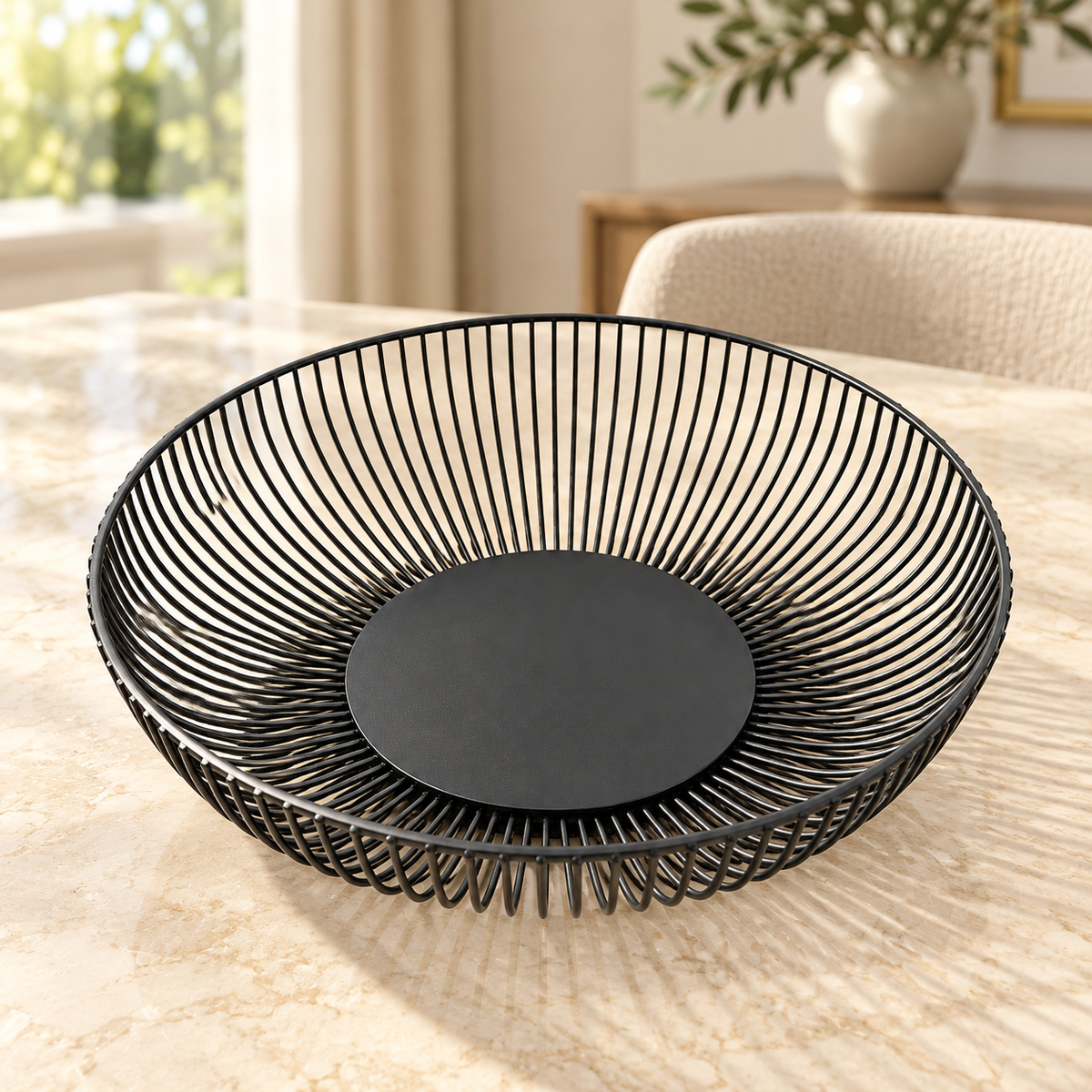 Modern Black Metal Wire Fruit Basket | Elegant Round Fruit Bowl