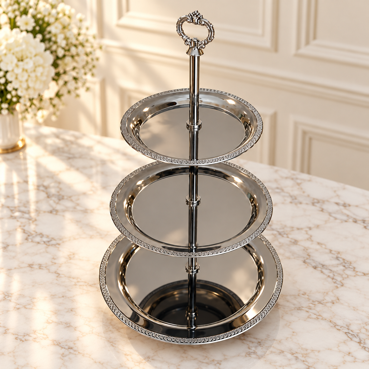 Luxury Silver 3-Tier Serving Stand – Decorative Round Tray