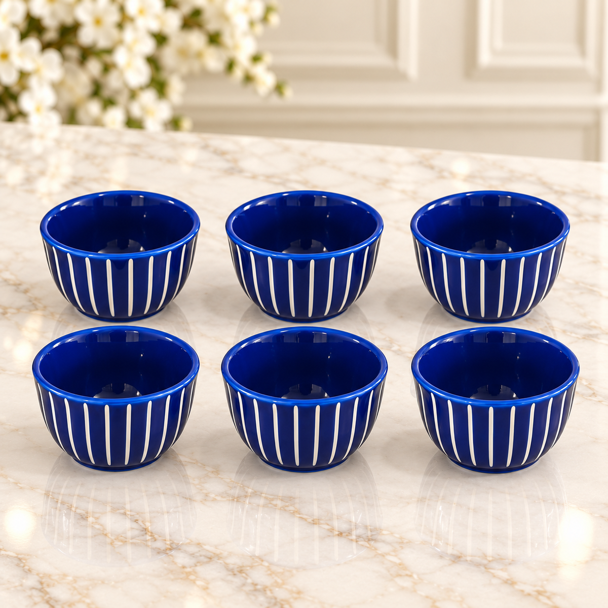 Luxury cobalt blue tea and cawa cup set ST010 with 6 ribbed glass tea cups, 6 matching blue saucers and 6 Arabic coffee cups