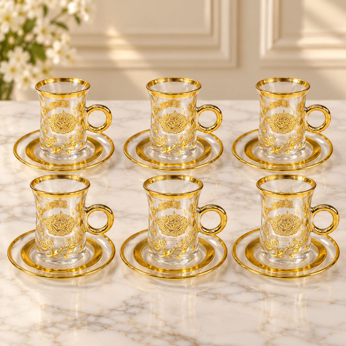 Luxury Gold Floral Glass Tea Cup & Saucer Set – 12 Pieces (6 Cups + 6 Saucers)