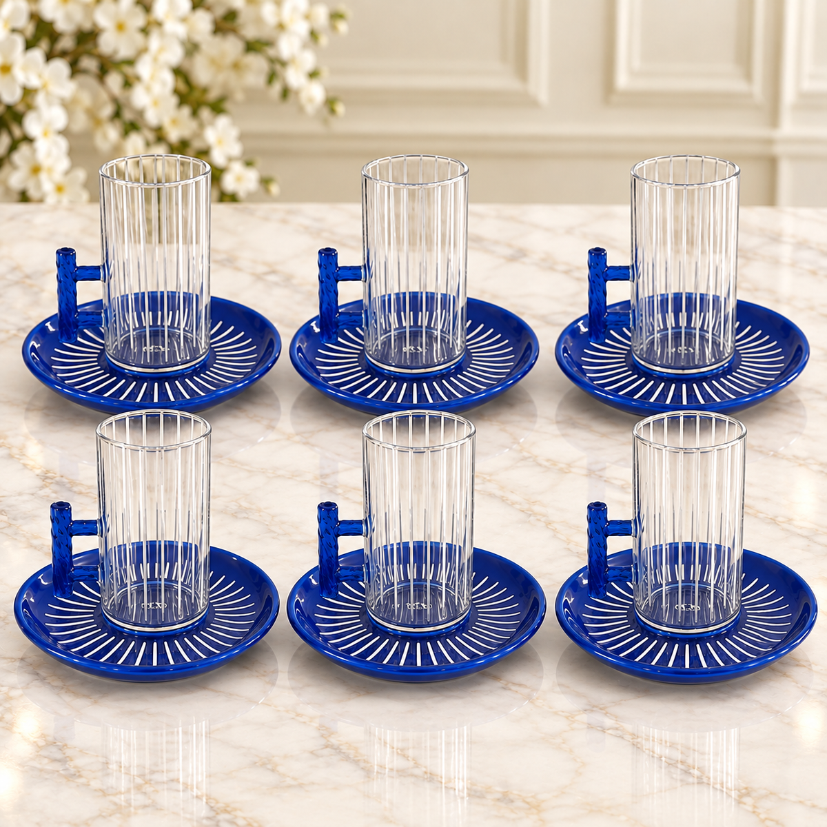 Luxury cobalt blue tea and cawa cup set ST010 with 6 ribbed glass tea cups, 6 matching blue saucers and 6 Arabic coffee cups