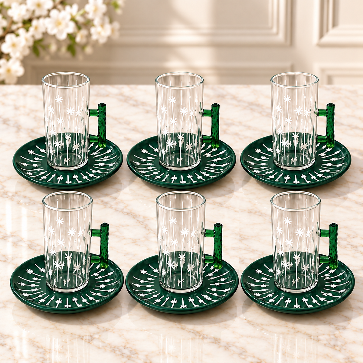 Luxury emerald green floral tea and cawa cup set ST016 featuring 6 transparent glass tea cups with green handles, 6 matching saucers and 6 Arabic coffee cups.