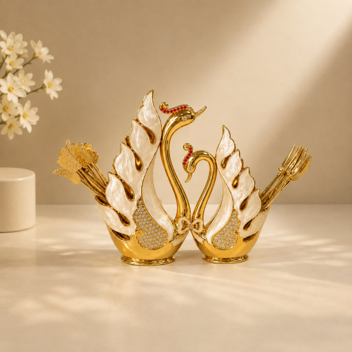 AFD2B Gold Swan Stand Tea Spoon Set – 12 Pieces