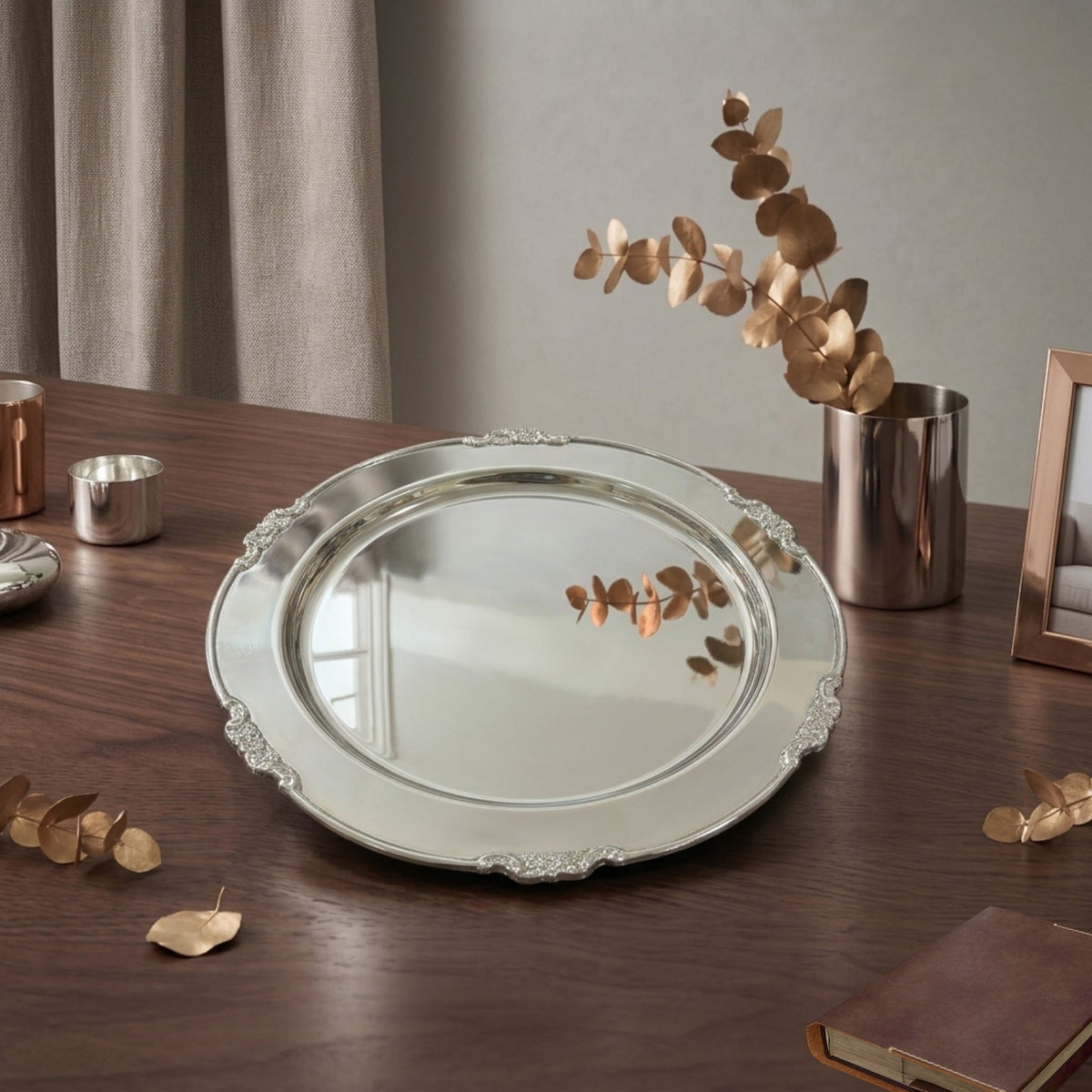 Premium Stainless Steel Silver Serving Tray – Embossed Floral Rim Design