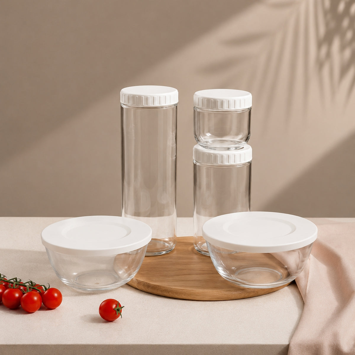 Cat's Paw 5 piece clear glass kitchen storage jar and container set with white lids