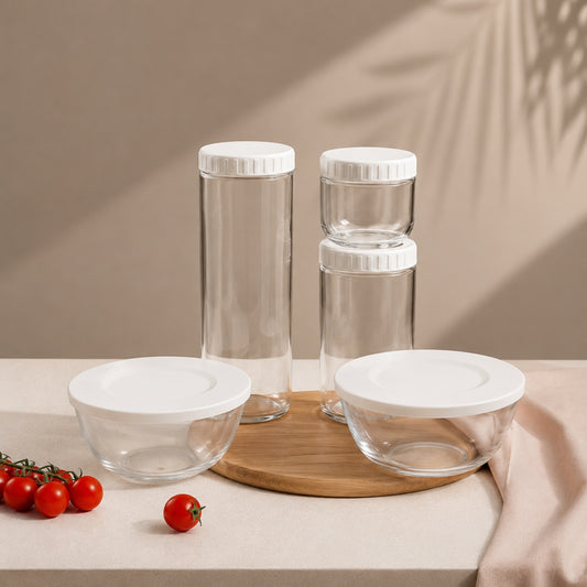 Cat's Paw 5 piece clear glass kitchen storage jar and container set with white lids