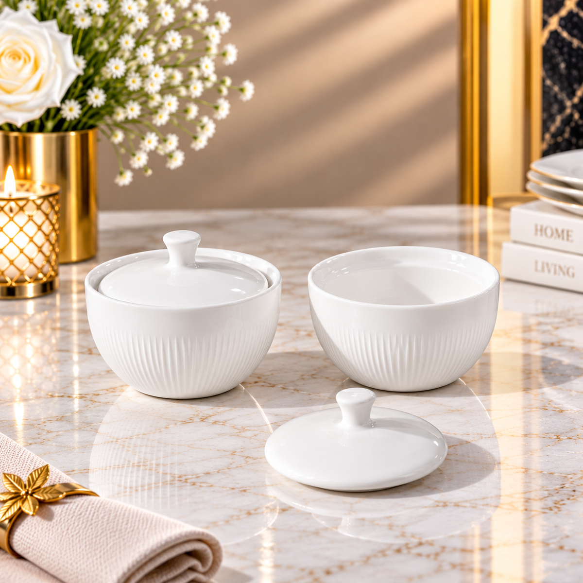 Elegant White Sugar Bowl with Lid – Textured Design