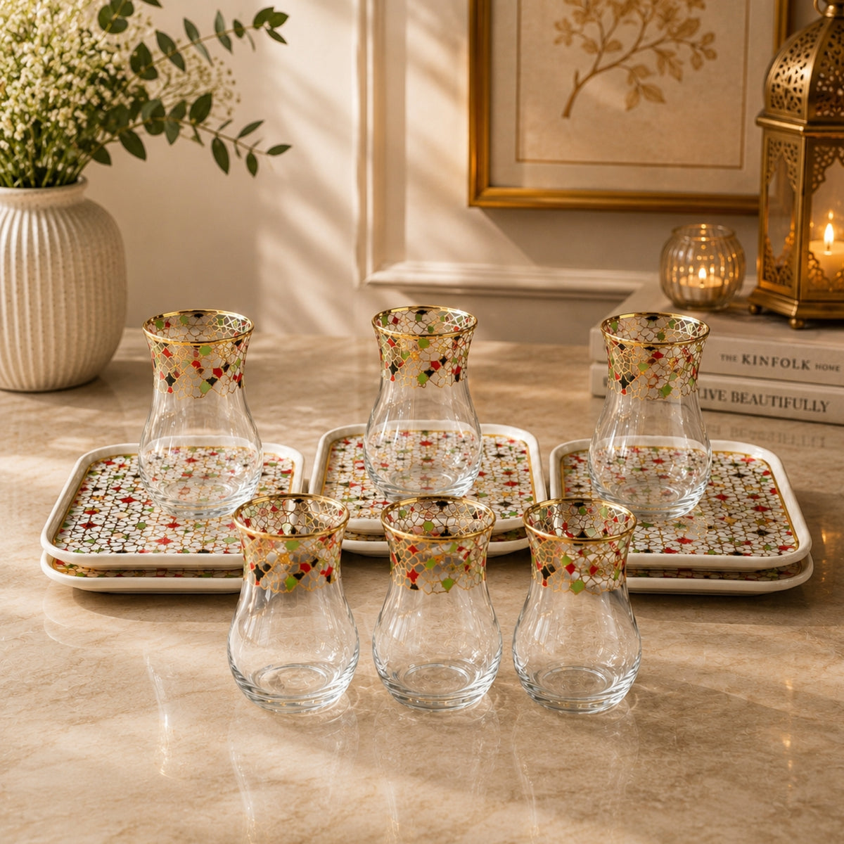Multicolour & Gold Glass Tea Cup & Saucer Set 12 Pieces