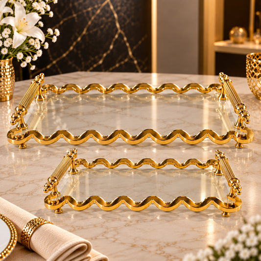 VC219 Luxury Acrylic Serving Tray 2-Piece Set with Gold-Tone Wave Frame