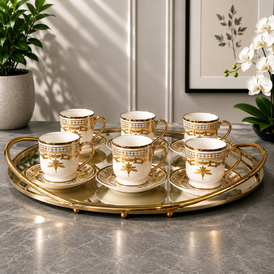 White & Gold Ornamental Tea Cup & Saucer Set 12 Pieces | PR218