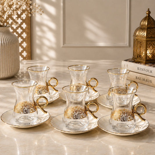 Gold Pattern Glass Tea Cup & Saucer Set (6 Cups + 6 Saucers) | 328