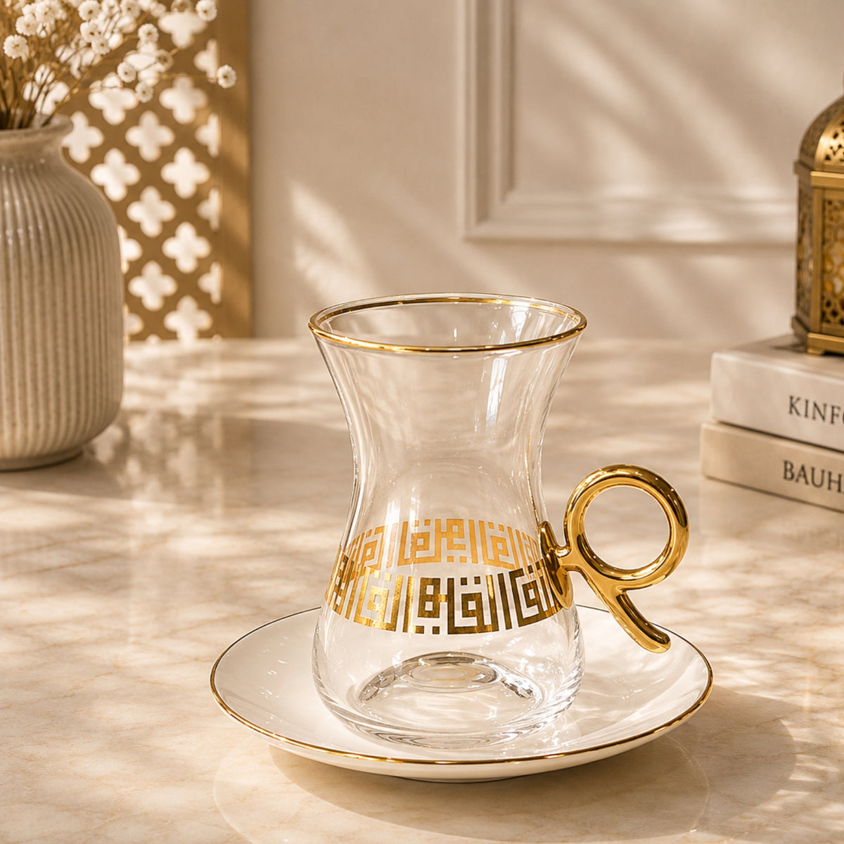 Gold Pattern Glass Tea Cup & Saucer Set (6 Cups + 6 Saucers) | 328