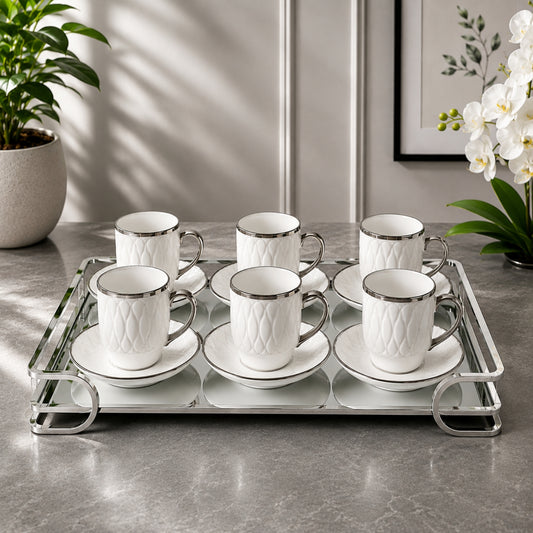 White & Silver Embossed Tea Cup & Saucer Set 12 Pieces | PR113