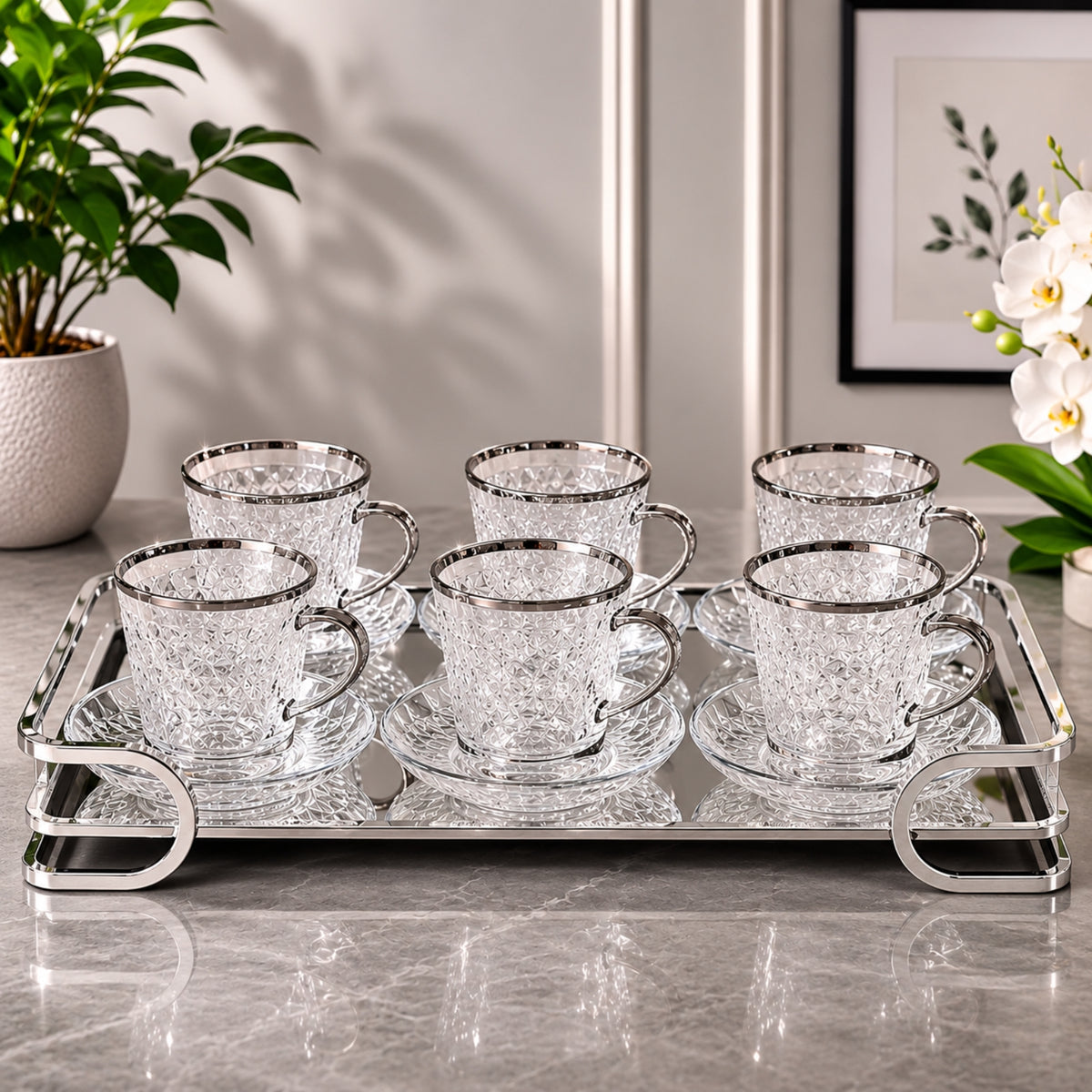 Crystal-Style Glass Tea Cup & Saucer Set 12 Pieces | GL115