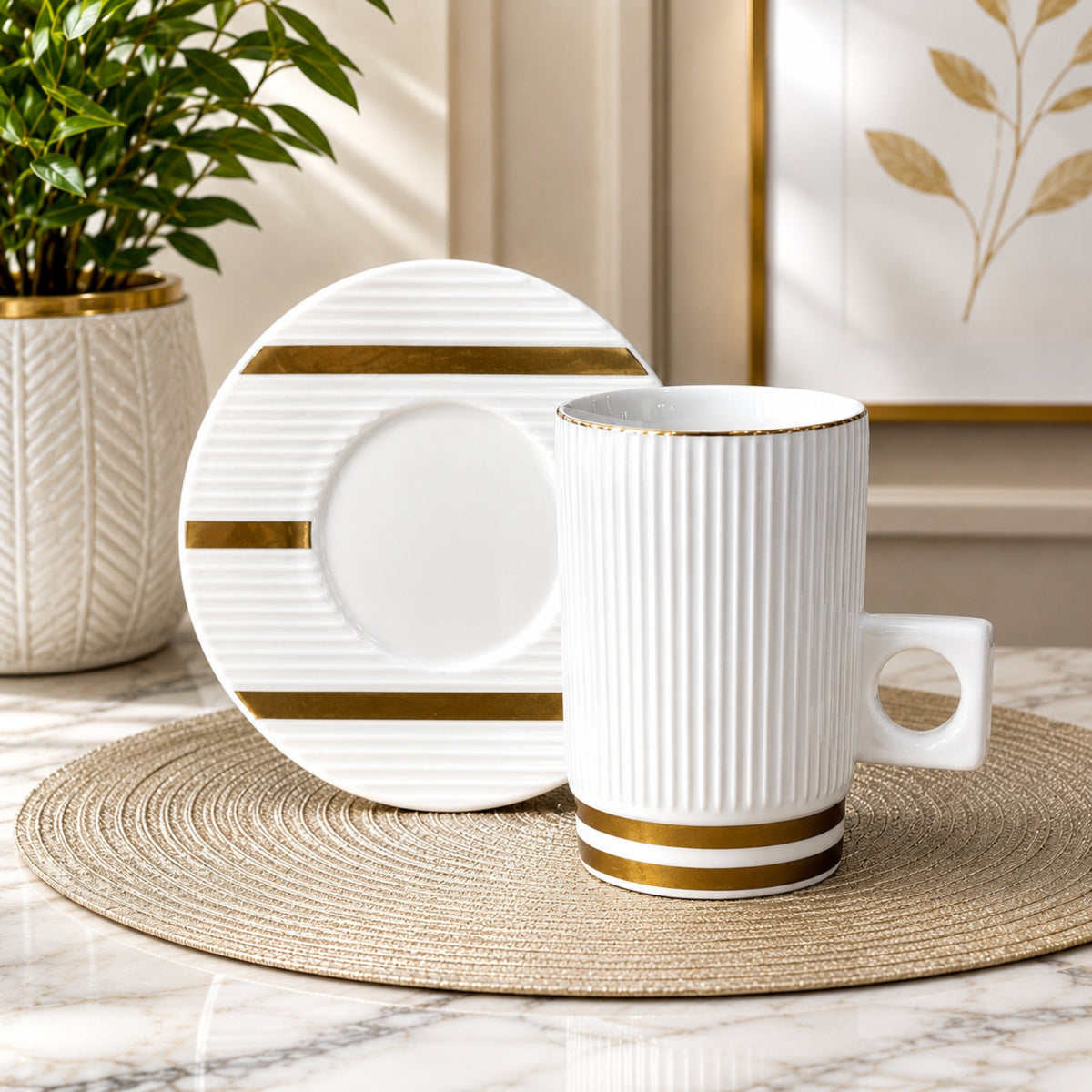 Verde Istikan Cup & Saucer Set – 12 Pieces | White & Gold