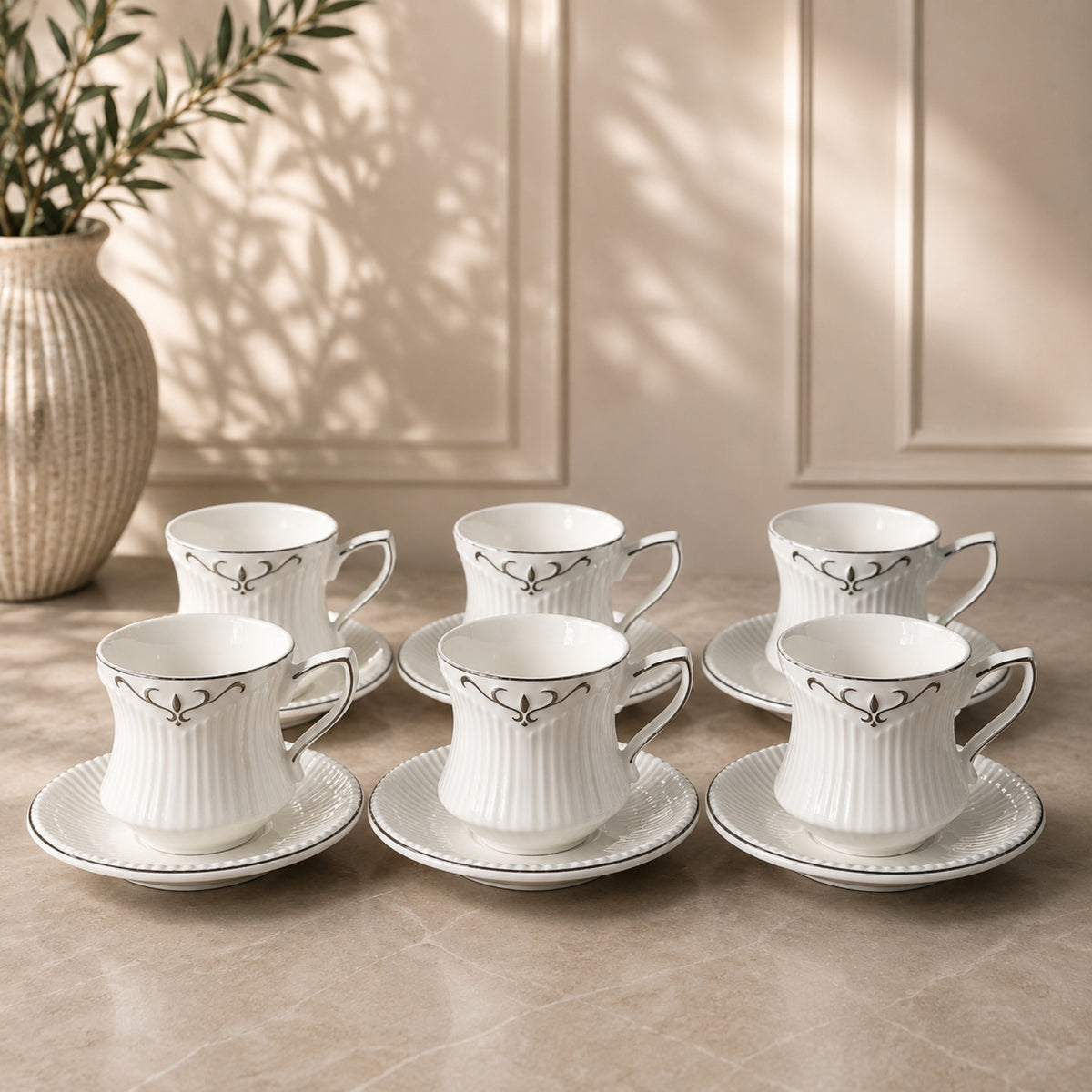 White & Silver Tea Cup & Saucer Set – 12 Pieces