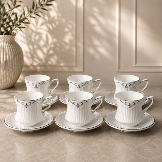 White & Silver Tea Cup & Saucer Set – 12 Pieces