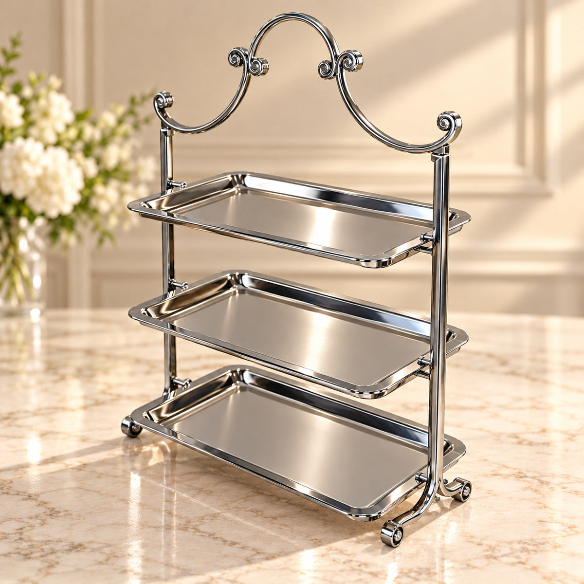 Luxury Silver 3-Tier Rectangular Serving Tray Stand
