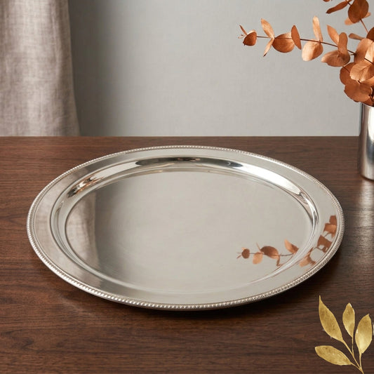 Premium Round Silver Serving Tray – Beaded Rim Design