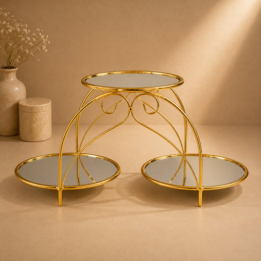 Golden 3-Tier Round Serving Tray Stand with Mirror Tops