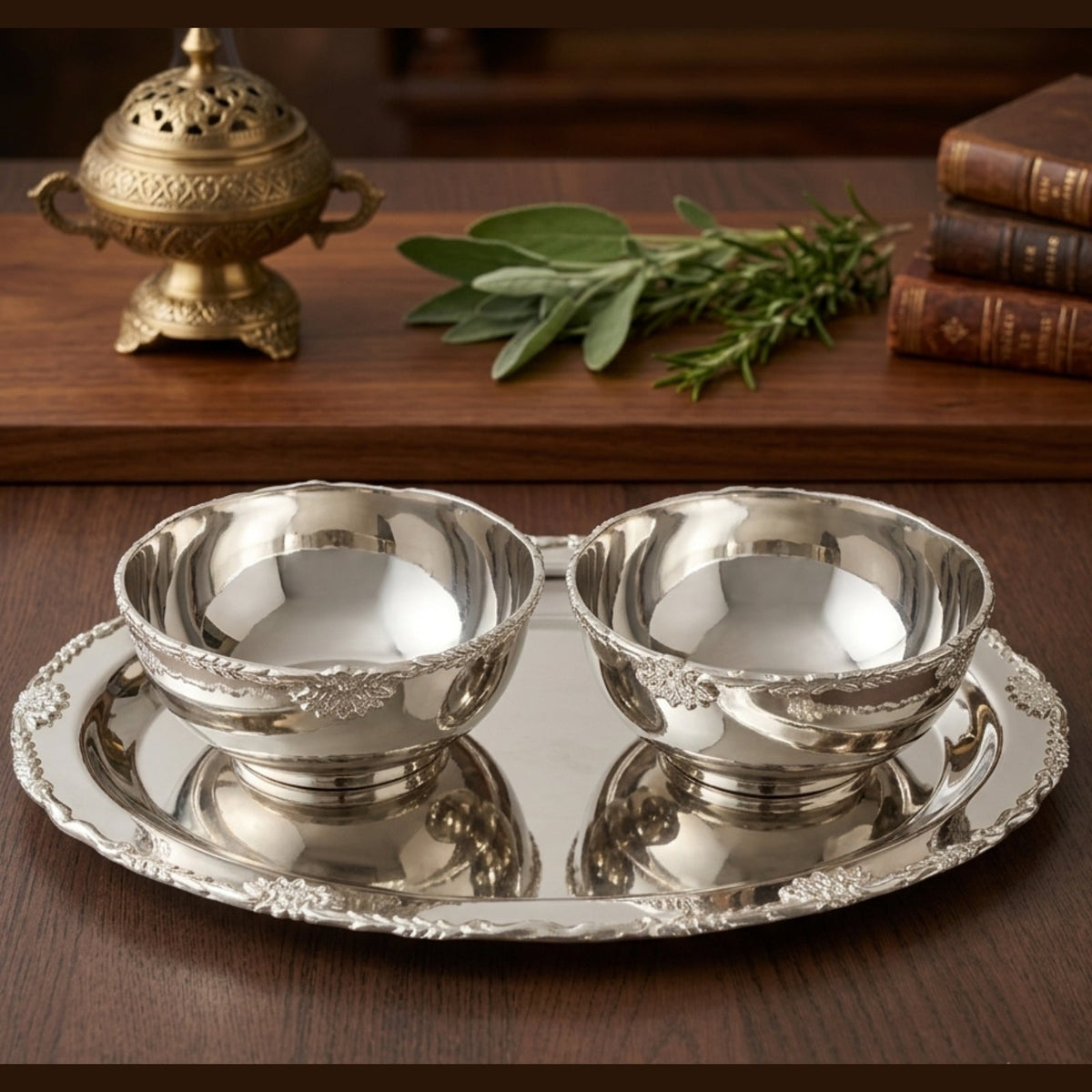 Stainless Steel Serving Tray with 2 Bowl Set – Silver | 16 × 12 in Tray & 6.5 × 6.5 cm Bowls