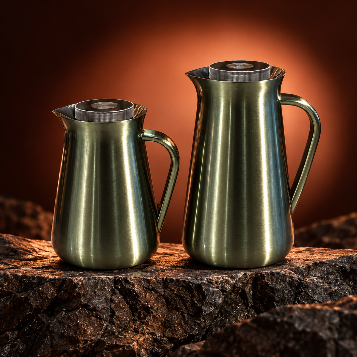 Najib luxury olive green vacuum flask set 2 pieces 1L and 0.5L with brushed metallic finish, matching curved handles and silver-tone lids for Arabic coffee and tea serving.