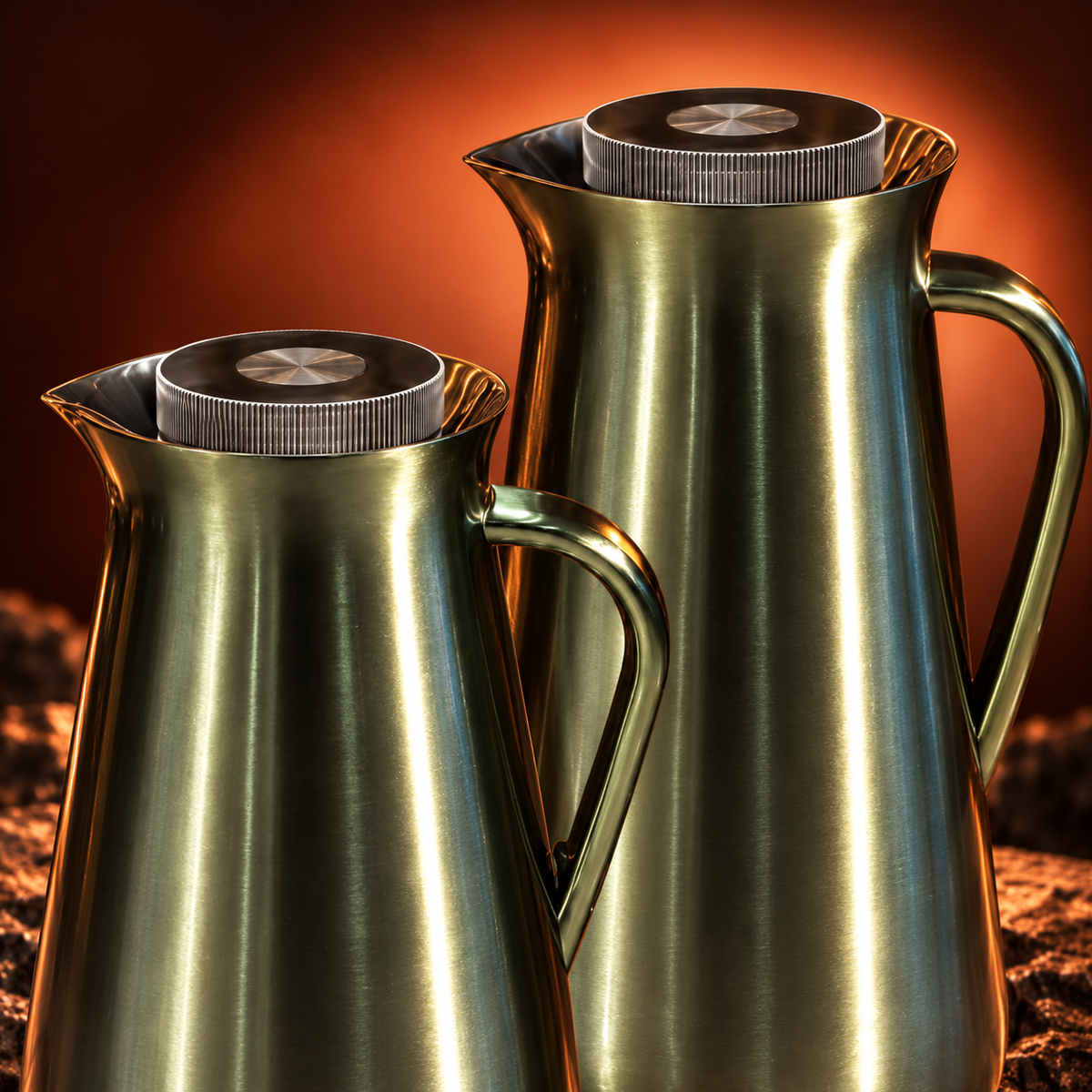 Najib luxury olive green vacuum flask set 2 pieces 1L and 0.5L with brushed metallic finish, matching curved handles and silver-tone lids for Arabic coffee and tea serving.