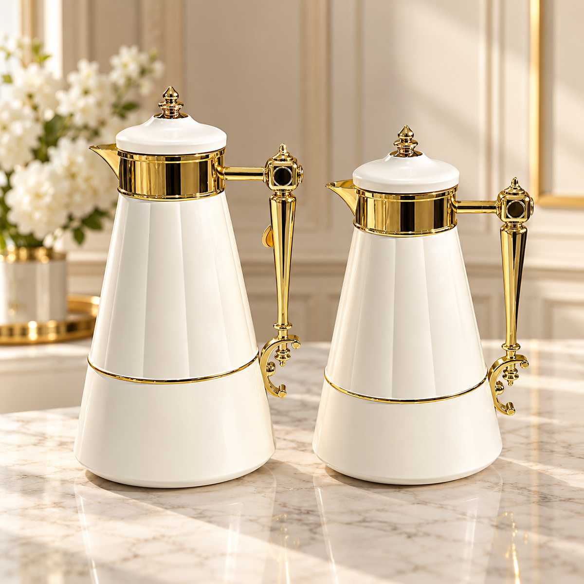 Najib luxury ivory and gold vacuum flask set 2 pieces 1L and 0.7L with elegant tapered white bodies, ornate gold handles, decorative lids and gold pouring spouts for Arabic coffee and tea serving