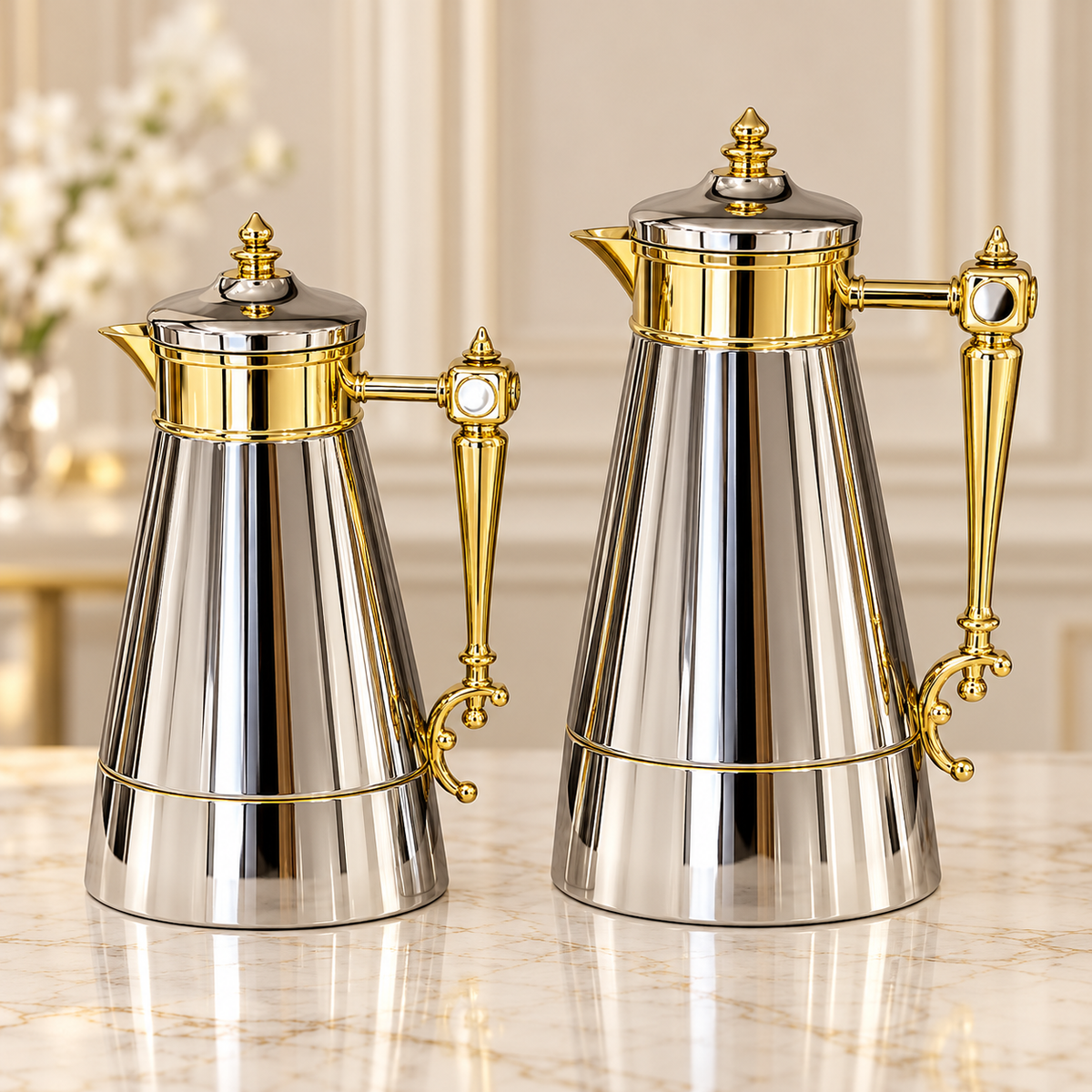 Najib luxury silver and gold vacuum flask set 2 pieces 1L and 0.7L with polished silver tapered bodies, ornate gold handles, decorative silver lids with gold finials and gold pouring spouts for Arabic coffee and tea.