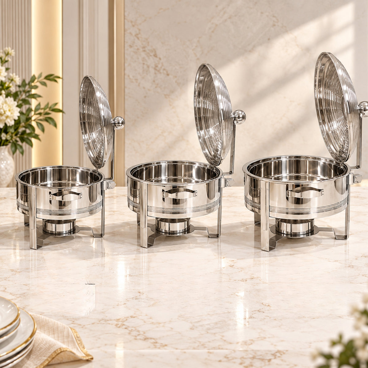 Premium Silver Round Chafing Dish with Hinged Lid – 4L, 6L & 8L