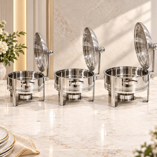 Premium Silver Round Chafing Dish with Hinged Lid – 4L, 6L & 8L