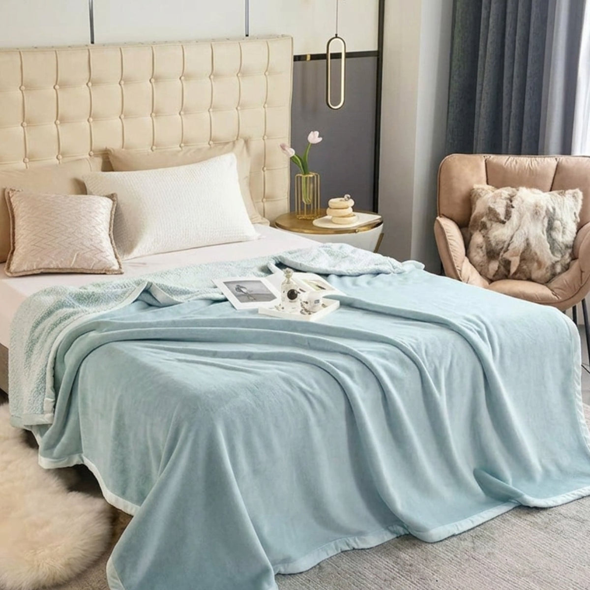 Blue Velvet Blanket 229 x 229 cm 500 GSM soft luxury velvet blanket for bed and sofa