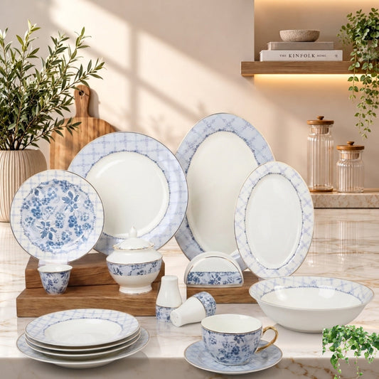 65-Piece Round Dinner Set – White & Blue with Gold Trim Luxury Dinnerware Collection