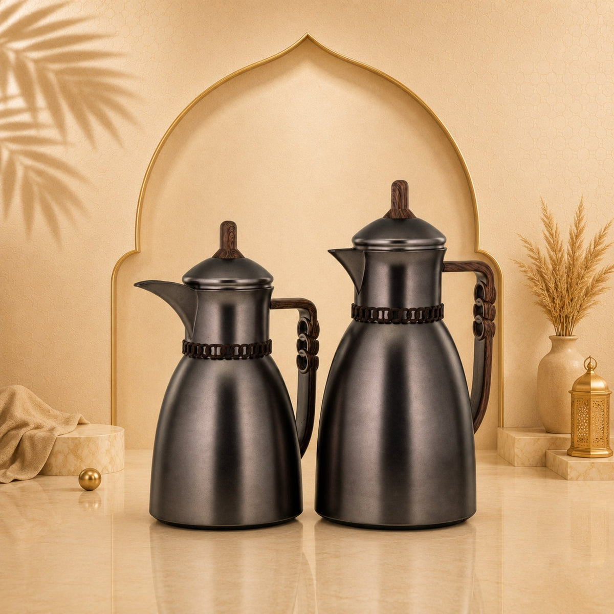 Vacuum Flask Set 0.7L & 1L Gunmetal Black & Dark Wood by Almarjan