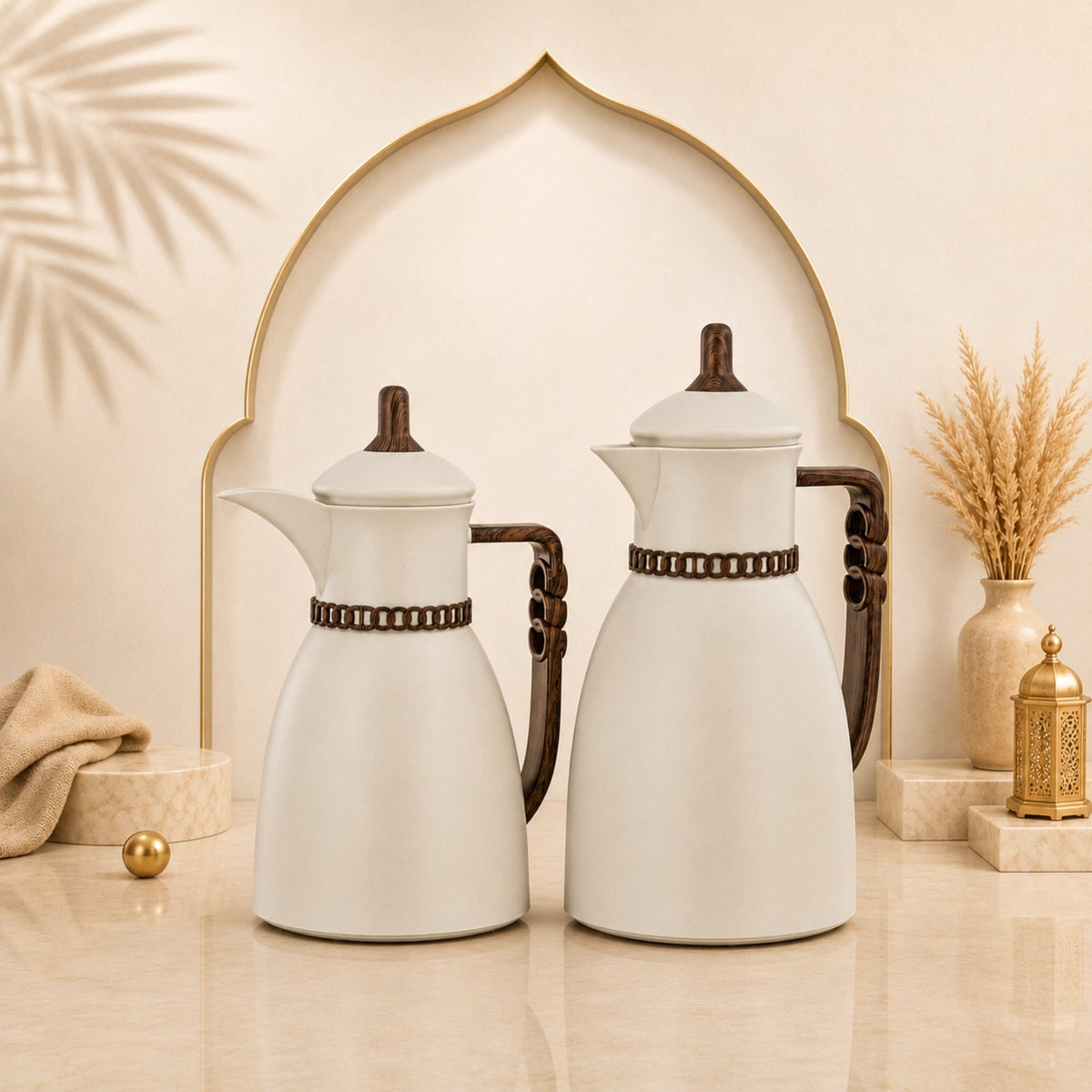 Vacuum Flask Set 0.7L & 1L Ivory & Dark Wood by Almarjan