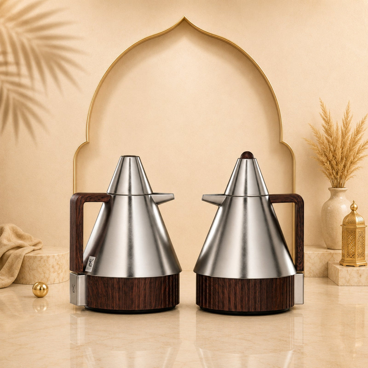 Vacuum Flask Set 1L & 1L Matt Nickel & Dark Wood by Almarjan
