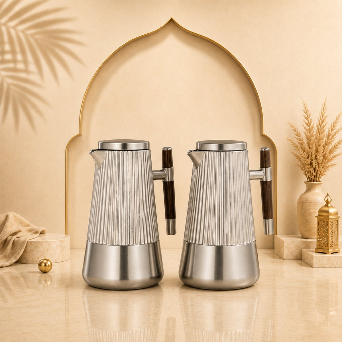 Vacuum Flask Set 1L & 1L Matt Nickel & Matt Dark Wood by Almarjan
