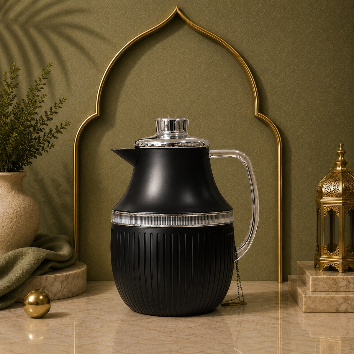1L Matte Black Vacuum Flask with Silver Handle 