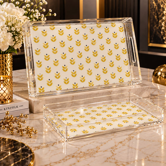 Elegant Clear Acrylic Serving Tray 2-Piece Set – Gold Leaf Pattern